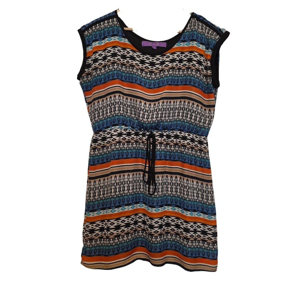 Jolie Geometric Tribal Print Sleeveless Drawstring Waist Dress MultiColor Size12